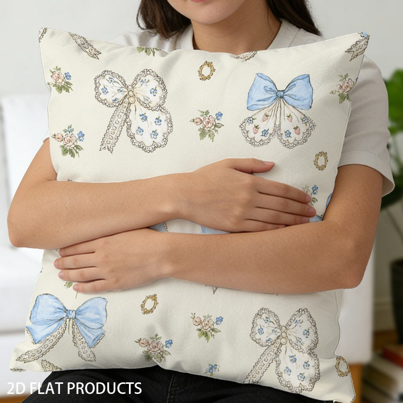 Pillow cover with blue bow and floral pattern, product mockup 5