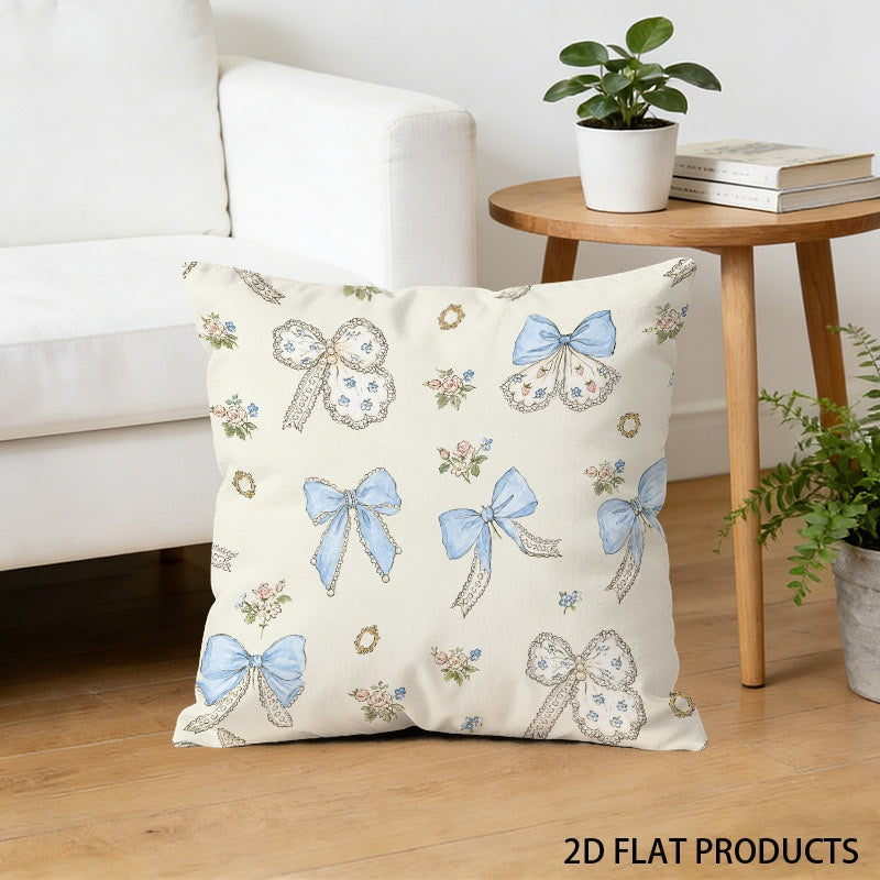 Pillow cover with blue bow and floral pattern, product mockup 6