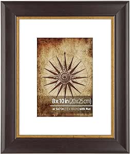 WYNCO 8x10 Mahogany and Antique Bronze 2 Tone Vintage Studio Picture Frame, Two Way Display, Matted to 5x7 inch, 1.5 in Wide Reversed Profile, Bronze Inner