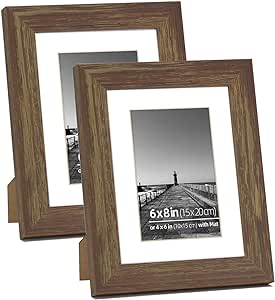 DUCIHBA 6x8 or 4x6 in Barn Wood Farmhouse Vintage Picture Frame Set, Rustic Textured Scoring 1.25 Wide Molding, Real Glass Photo Protection for Family Friends, Tinted Brown, 2pk