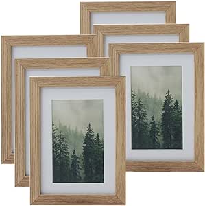 DUCIHBA 5 x 7 inch or 3.5 x 5.5 with Mat Picture Frames Tabletop Shelf Display or Wall Mount Vertically or Horizontally, Real Glass Acid Free Mat, Natural Oak Wood Grain Molding, Set of 6 Pack