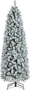 Yaheetech 6Ft Snow Flocked Fir Pencil Christmas Tree Slim Corner Hinged Artificial Xmas Tree with 814 Branch Tips and Metal Stand, Holiday Decoration for Home, Office, Party, White