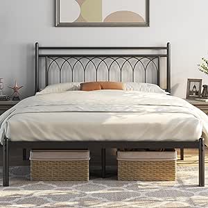 Yaheetech Queen Bed Frames Metal Platform Bed with Modern Style Petal Accented Headboard, Mattress Foundation with Spacious Underbed Storage,No Box Spring Needed, Easy Assembly, Black Queen Bed