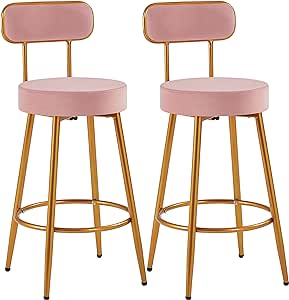 Yaheetech Velvet Bar Stools 26'' Counter Height Bar Stools Velvet Stools for Kitchen Counter with Backrest and Footrest Modern Gold Barstools Upholstered Bar Height Stools, Pink, Set of 2