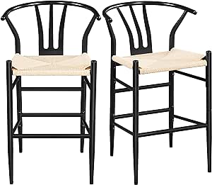 Yaheetech 26'' Counter Stool Set of 2 Weave Bar Stool Mid-Century Modern Metal Barstool Counter-Height Stool Slat Backrest Dining Chair, Black