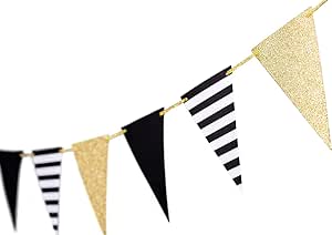 Gold Black Triangle Banner Decorations Bunting Signs for Graduation Flags Christmas Decoration Birthday Gatsby Party Nursery Classroom Anniversary Decor Golden Supplies 15pcs 10 Feet