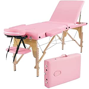 Yaheetech Massage Tables Portable, Adjustable and Foldable Massage Therapy Table, 3 Folding 84 Inch for Salon, Facial with Non-Woven Bag, Pink