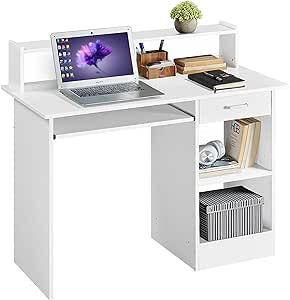 Yaheetech Home Office Wood Computer Desk with Keyboard Tray and Drawers, Students Writing Table with Storage Drawers & Hutch, Modern PC Laptop Desk, Multifunctional Workstation, White