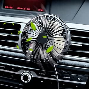 Zuvas Car Fan USB Fan with Night Light, 360 Rotation Clip Fan for Vehicle Air Circulation, 3 Wind Speed Air Conditioner Cooling Fan for Car Truck SUV RV Outdoor, Black