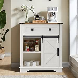 OKD Farmhouse Coffee Bar, 32 Inch Buffet Sideboard with Sliding Barn Door, Drawer, Adjustable Storage Shelves, Wood Accent Floor Cupboard Cabinet for Kitchen, Dining Room, Living Room, Antique White