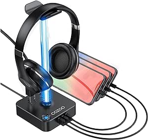 RGB Headphone Stand with USB Charger COZOO Desktop Gaming Headset Holder Hanger with 3 USB Charger and 2 Outlets - Suitable for Gaming, DJ, Wireless Earphone Display,Game Accessories Boyfriend Gifts