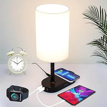 cozoo Bedside Table Lamp with Wireless Charger,LED Bedroom Lamps with 3 USB Charging Ports,Small Modern Nightstand Lamps for Bedroom, Black Charging Station Base LED Light with White Fabric Shade