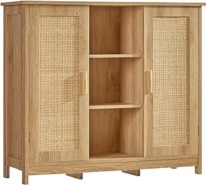 Iwell Storage Cabinet, Rattan Cabinet with 4 Adjustable Shelves, Bathroom Floor Cabinet, Accent Cabinet for Living Room, Entryway, Natural