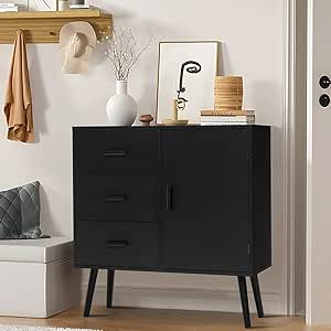 Iwell Storage Cabinet, Bathroom Floor Cabinet with Door & 3 Drawers, Mid Century Cabinet with Adjustable Shelf for Living Room, Bedroom, Entryway, Hallway, Black