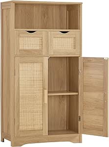 Iwell Large Storage Cabinet, Bathroom Cabinet with 2 Rattan Doors, Cupboard, Bathroom Floor Cabinet for Living Room, Home Office, Nature