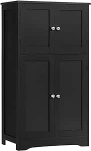 Iwell Bathroom Cabinet, Storage Cabinet with Adjustable Shelves, Bathroom Floor Cabinet with 4 Doors, Storage Unit for Living Room, Home Office, Black