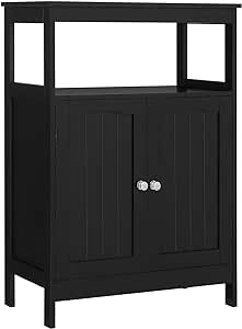 Iwell Bathroom Floor Cabinet, Bathroom Storage Cabinet with Double Door & Adjustable Shelf, Storage Cabinet for Bathroom, Living Room, Black