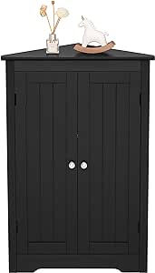 Iwell Corner Cabinet, Floor Corner Storage Cabinet with 2 Doors and Storage Shelves, Free-Standing Corner Cabinet for Bathroom, Living Room, Kitchen, Bedroom, Black