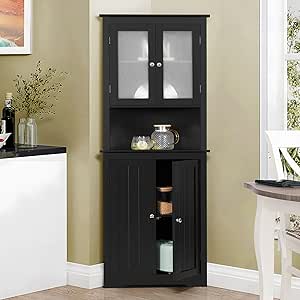 Iwell 63.8" Tall Corner Cabinet with 4 Doors and 5 Storage Shelves, Corner Bathroom Cabinet, Home Space Saver for Bathroom, Living Room, Bedroom, Kitchen, Black