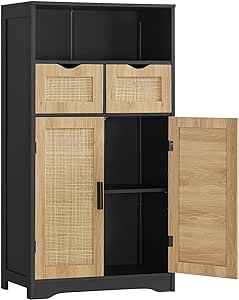 Iwell Large Storage Cabinet, Bathroom Cabinet with 2 Rattan Drawers & 2 Rattan Doors, Floor Storage Cabinet with Adjustable Shelves for Living Room, Home Office, Nature & Black