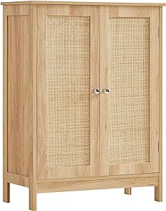 Iwell Storage Cabinet with Rattan Doors, Bathroom Storage Cabinet with Adjustable Shelf, Floor Cabinet for Living Room, Entryway, Kitchen, Home Office, Nature