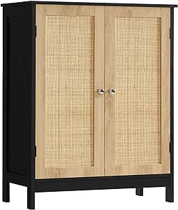 Iwell Storage Cabinet with Rattan Doors, Bathroom Storage Cabinet with Adjustable Shelf, Floor Cabinet for Living Room, Entryway, Kitchen, Home Office, Black