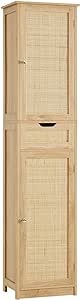 Iwell Tall Bathroom Cabinet with Doors, Rattan Storage Cabinet with Adjustable Shelves, Freestanding Narrow Linen Cabinet for Living Room, Entryway, Kitchen, Home Office, Natural