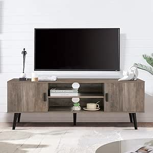 Iwell TV Stand for 55 inch TV, Entertainment Center with Storage and Open Shelves, TV Console Table for Living Room, Bedroom, Rustic Oak