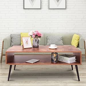 Iwell Coffee Table for Living Room, Boho Coffee Table with Storage Shelf, Living Room Tables Accent Cocktail Table, Rustic Brown