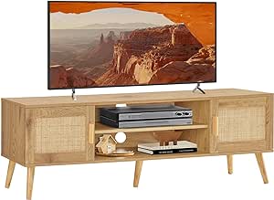 Iwell Rattan TV Stand for 55 Inch TV, Entertainment Center with 2 Cabinets & Shelf, Rattan TV Console, Media Console for Living Room, Natural DSG001NR