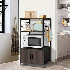 Iwell Kitchen Baker's Rack, Microwave Stand, Coffee Bar Cabinet with Storage & 8 Hooks, Utility Storage Shelf with Storage for Dining Room, Living Room, Charcoal Grey