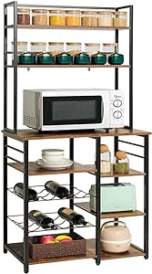 Iwell Kitchen 6-Tier Baker's Rack, Microwave Stand, Coffee Bar Cabinet with Wine Rack, Utility Storage Shelf for Living Room, Dining Room, Vintage Brown