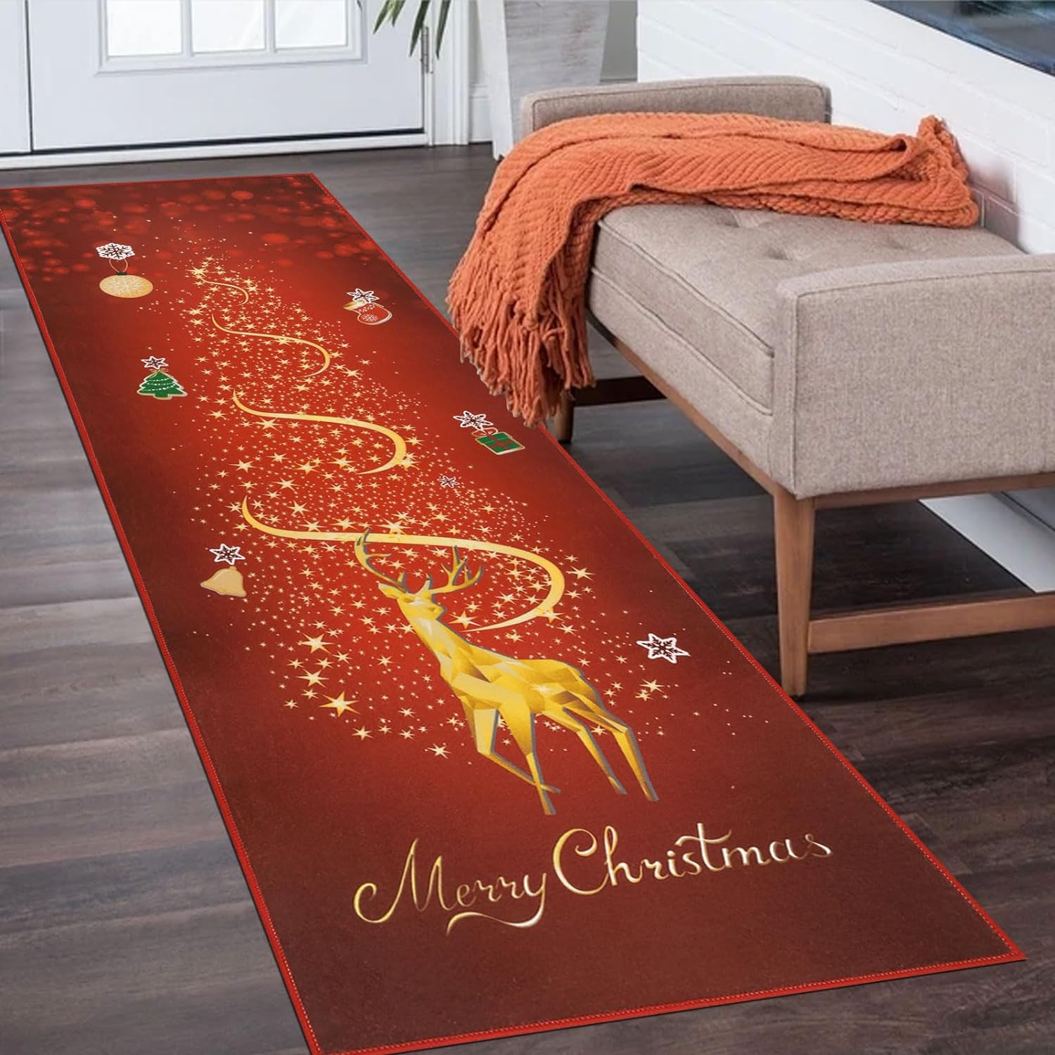 SHACOS Christmas Runner Rug 2x6 Non Slip Low Pile Christmas Rug Reindeer Gold Christmas Tree Red Xmas Carpet Floor Mat for Entryway Hallway Kitchen Bedroom