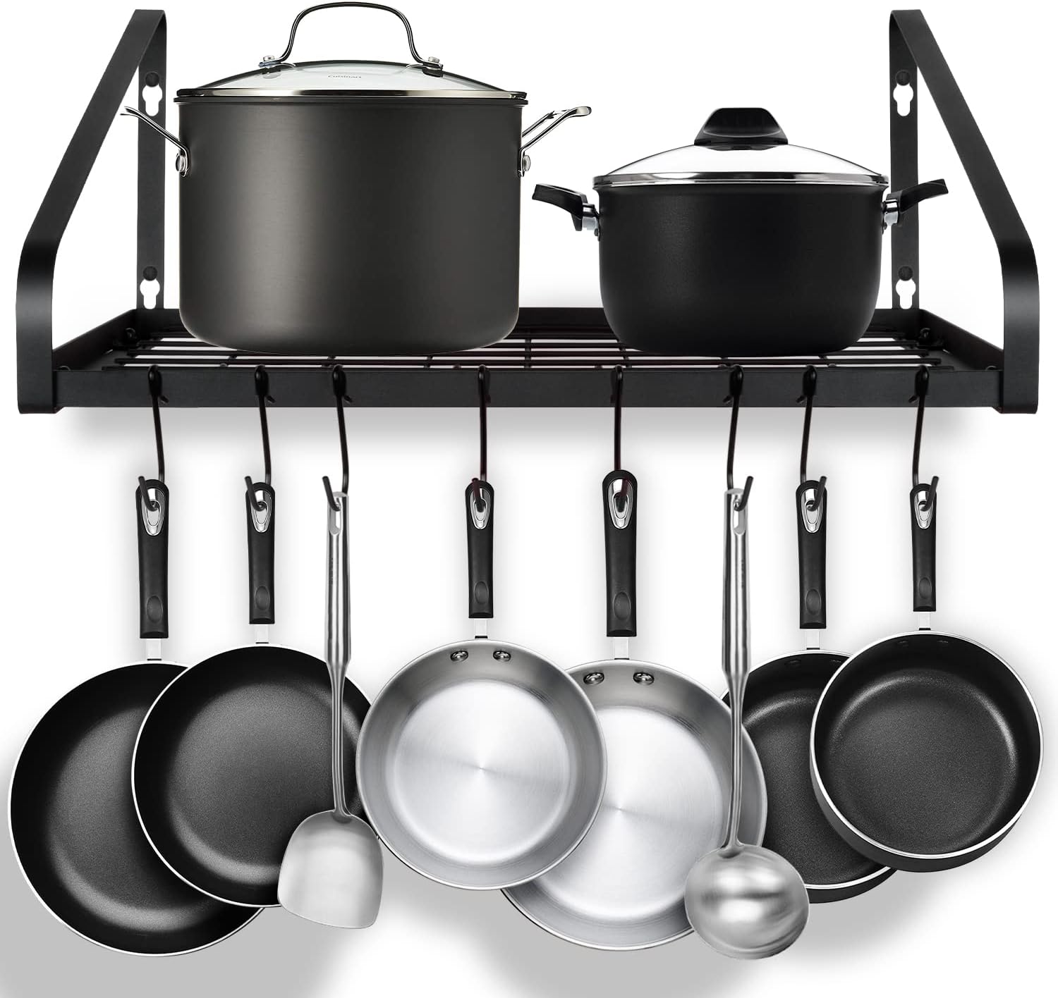 G-TING Hanging Pot Rack, Pot and Pan Organizer Wall Mounted Pots Holder Kitchen Storage Shelf with 8 Hooks, Ideal for Pans Set, Utensils, Cookware, Books, Household, Black, 2 DIY Methods