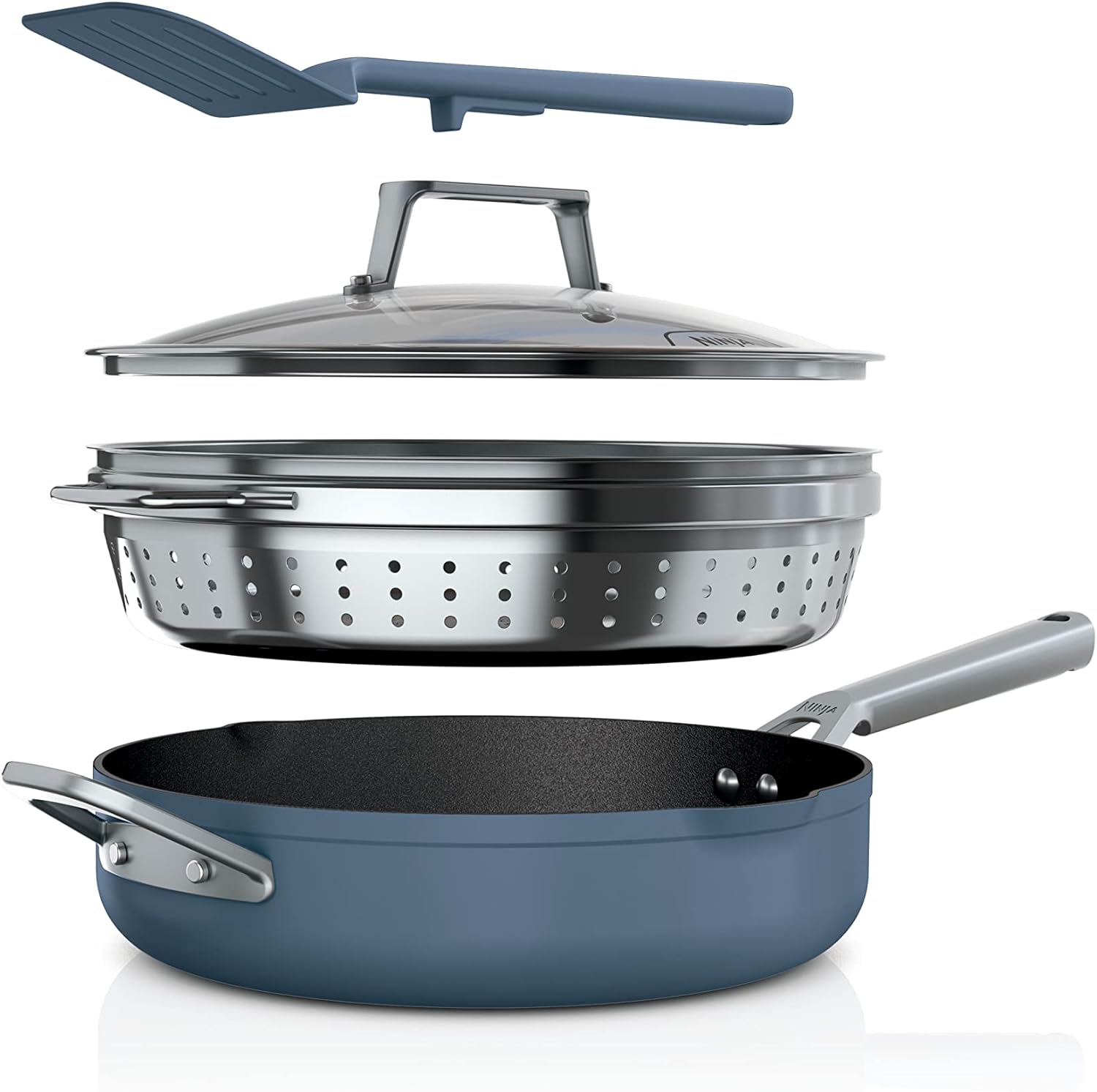 Ninja CW102BL Foodi NeverStick PossiblePan, Premium Set with 4-Quart Capacity Pan, Steamer/Strainer Basket, Glass Lid & Integrated Spatula, Nonstick, Durable & Oven Safe to 500F, Macaron Blue