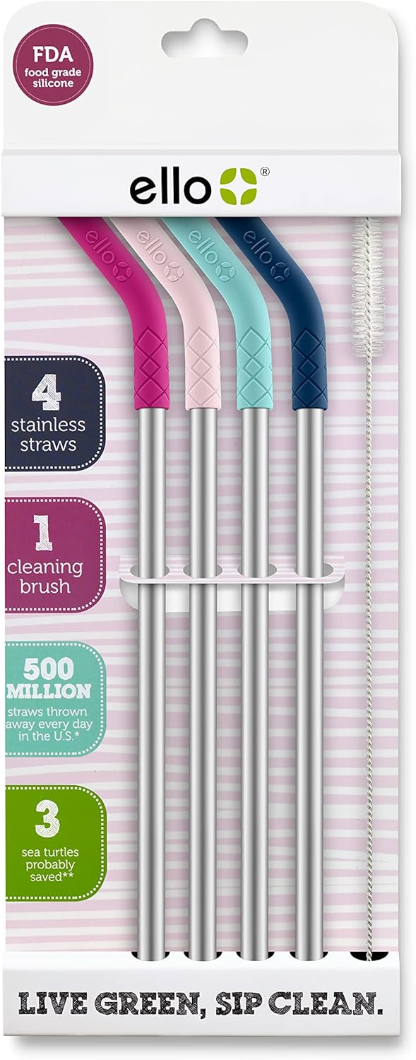 Ello Impact Reusable Stainless Steel Straws with Cleaning Brush, 4 Piece, June Breeze