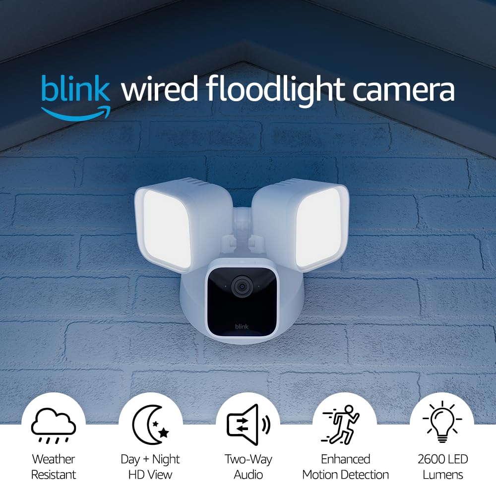 Blink Wired Floodlight Camera  Smart security camera, 2600 lumens, HD live view, enhanced motion detection, built-in siren, Works with Alexa  1 camera (White)