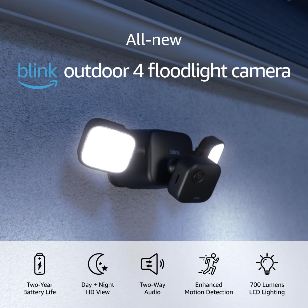 All-New Blink Outdoor 4 Floodlight Camera  Wire-free smart security camera, 700 lumens, two-year battery life, HD live view, enhanced motion detection, Works with Alexa- 1 camera system