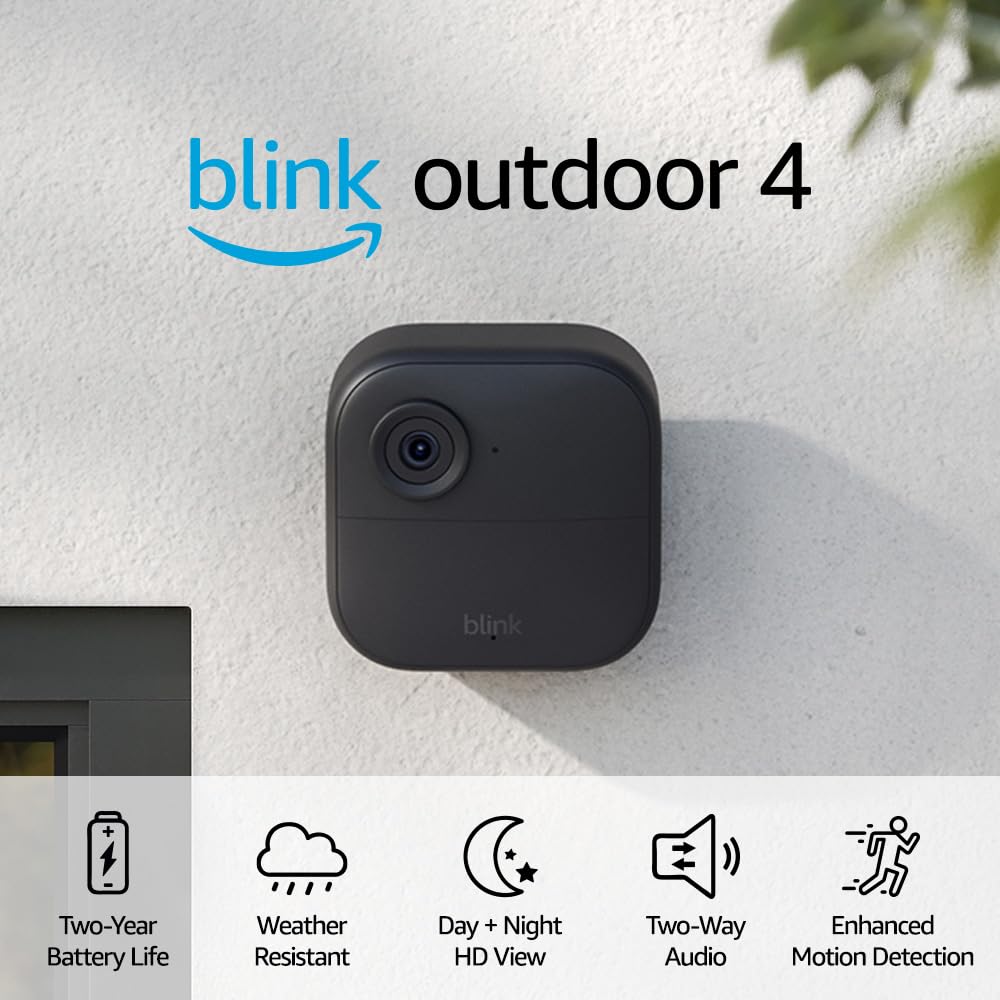 Blink Outdoor 4 (4th Gen)  Wire-free smart security camera, two-year battery life, two-way audio, HD live view, enhanced motion detection, Works with Alexa  3 camera system