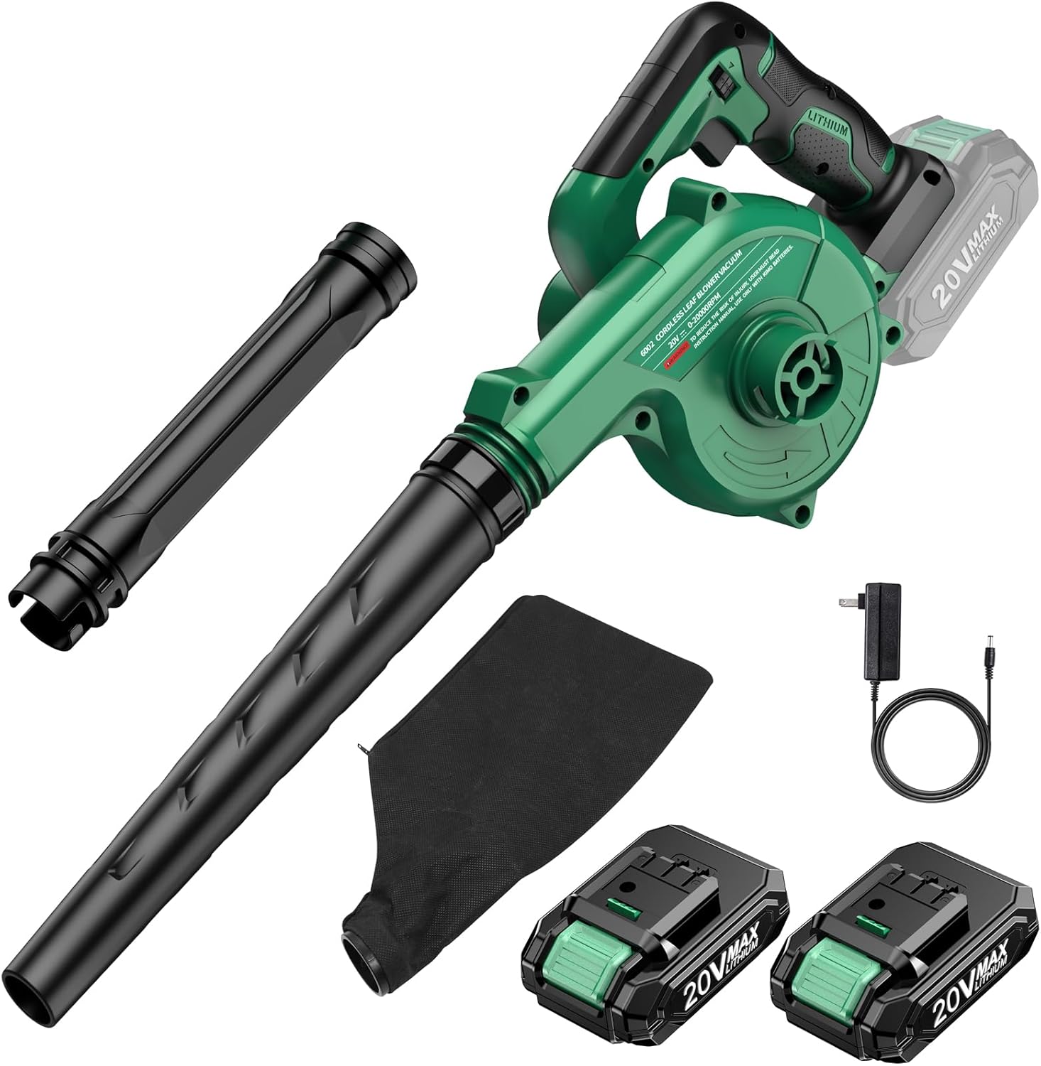 KIMO Cordless Leaf Blower & Vacuum with 2X2.0 Battery & Charger,2-in-1 20V Leaf Blower Cordless,150CFM Lightweight Mini Cordless Leaf Vacuum,Handheld Electric Blowers for Lawn Care/Dust/Pet Hair,Green