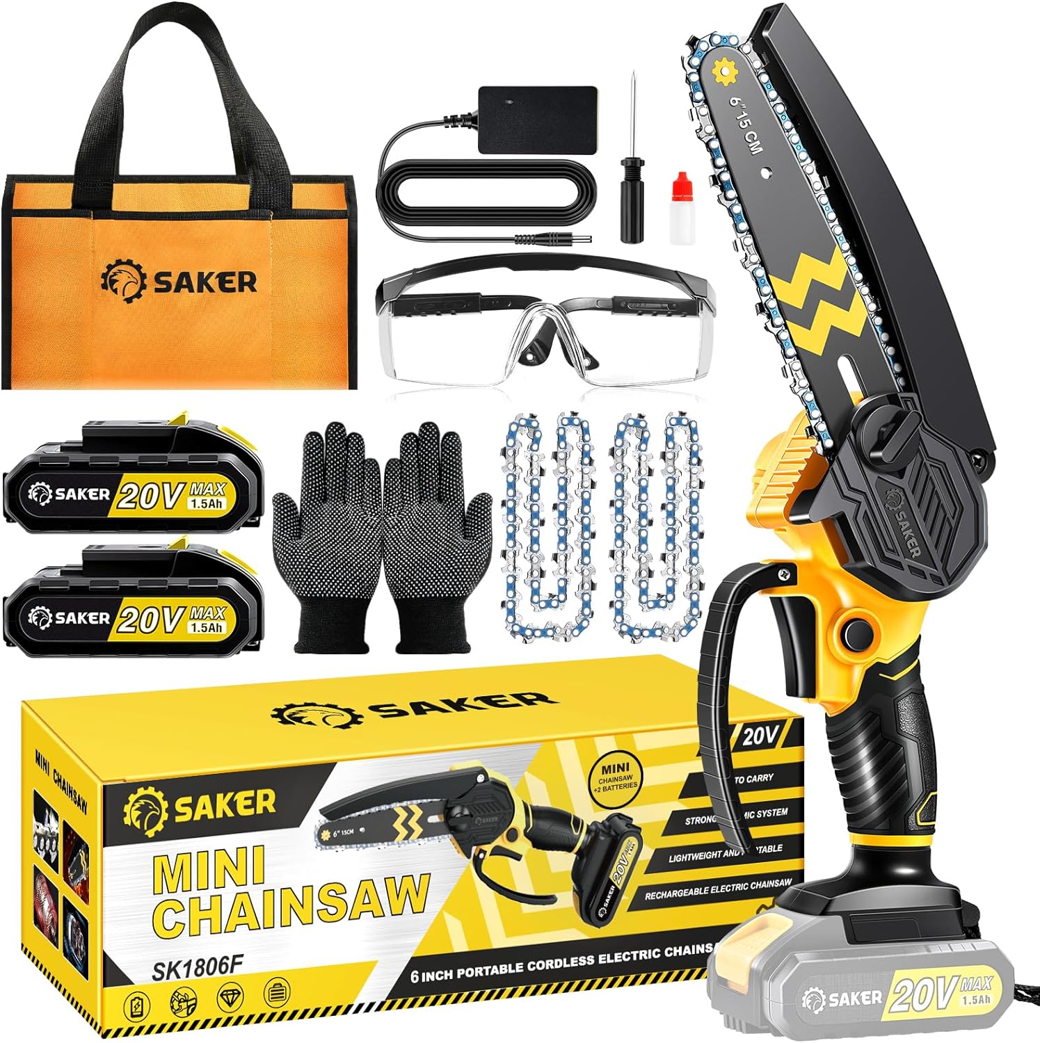 Saker Mini Chainsaw Cordless 6-Inch 2024 Upgrade Switch Security Lock-Power Chain Saws-Handheld Small Chainsaw for Cutting Wood Trimming and Woodworking- Mini Chain Saw Cordless with 2 Batteries