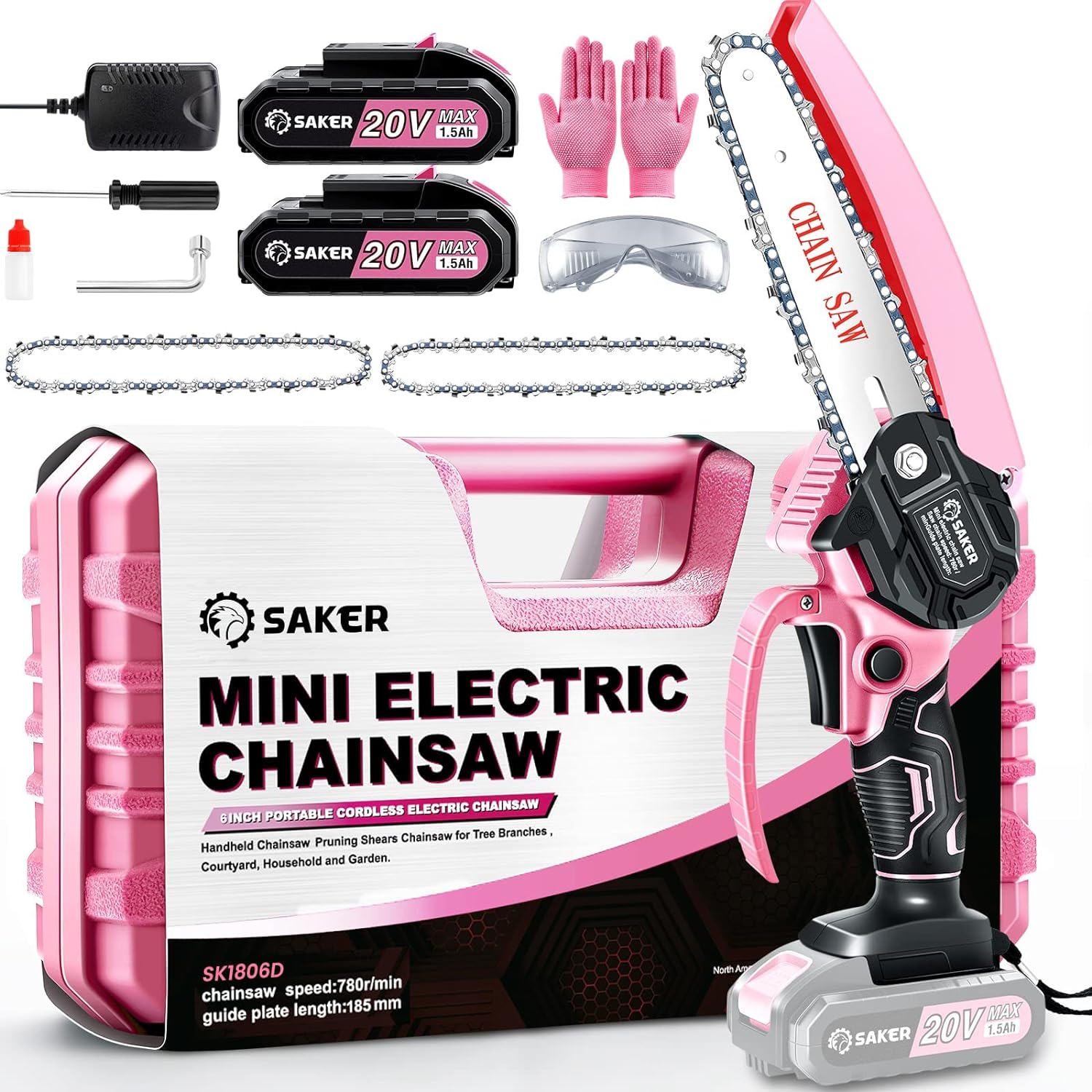 Saker Mini Electric Chainsaw,6 Inch, Handheld Portable Chain Saw Pruning Shears Chainsaw Cordless for Tree Branches,Household and Garden(SAKER MINI CHAINSAW PINK + 2 BATTERIES + 3 CHAINS)