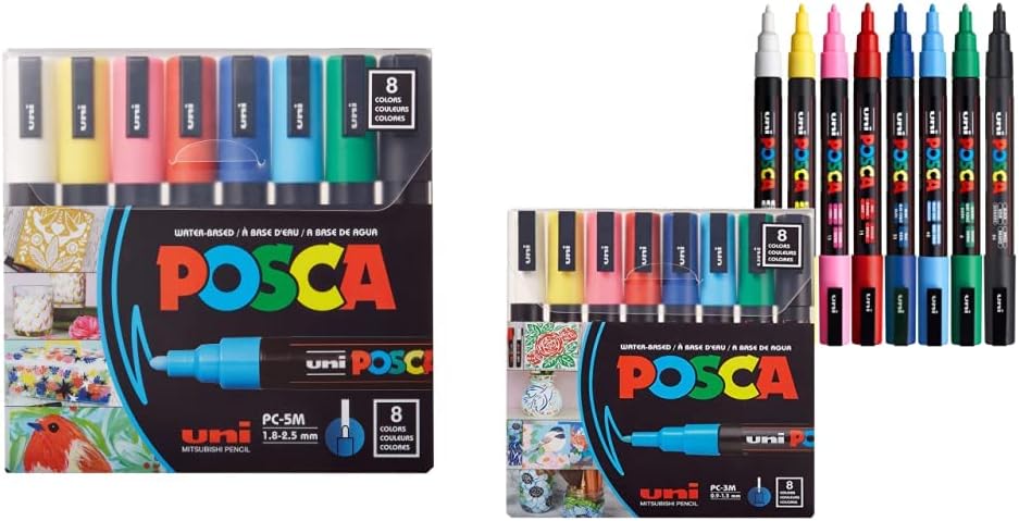 POSCA Paint Marker Pen - Fine Point - Set of 8 (PC-3M8C), Multicolor & POSCA 8-Color Paint Marker Set, PC-5M Medium