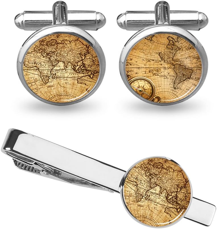 World Map Cufflinks Wedding Vintage Personalised Gifts Father Grandfather Dad Tie Clip Blue ZUNON