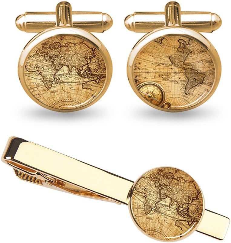 World Map Cufflinks Wedding Vintage Personalised Gifts Father Grandfather Dad Tie Clip Blue ZUNON