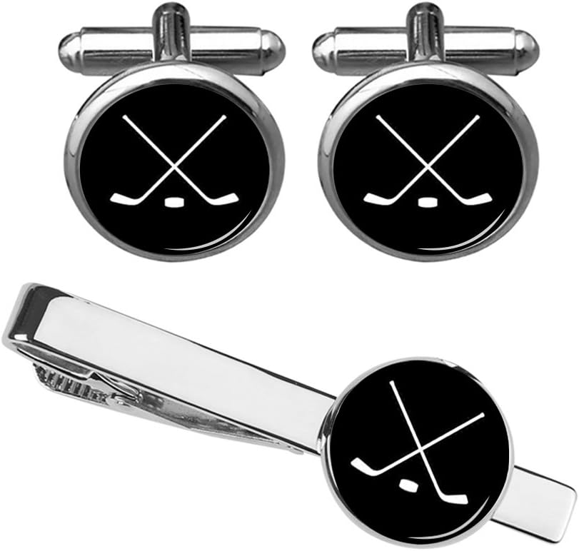 ZUNON Hockey Cufflinks & Tie Clips Ice Hockey Player Stick and Ball Team Novelty Mens Gift