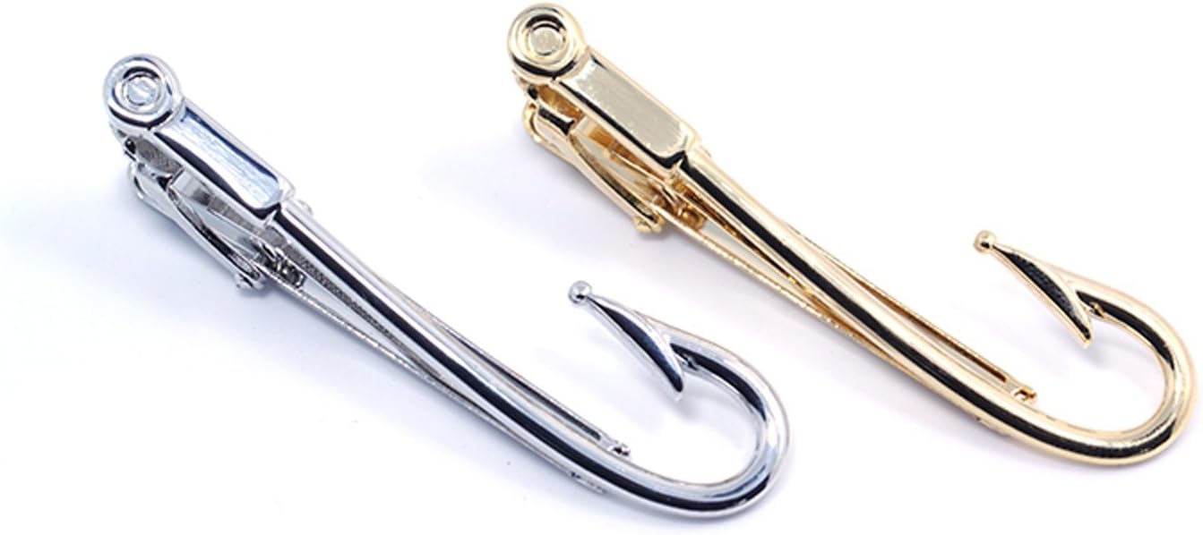 ZUNON Fishing Hooks Tie Clips Bar Tacks Mens Silver Golden Tone Leisure Fishermen Sportsmen Fathers Dad Husband Activities