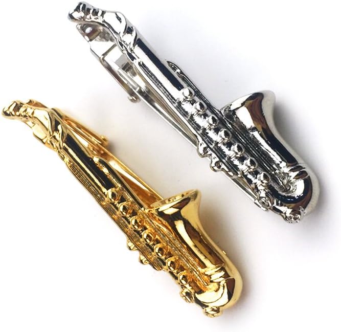 ZUNON Saxophone Tie Clips Sax Tie Bar Tacks Mens Silver Golden Tone Music instrument Tie Clasps Musician Gifts