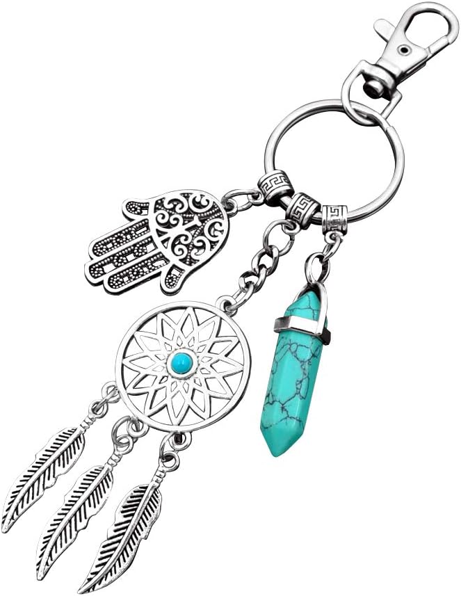 ZUNON Dreamcatcher Keychain Silver Toned Key Chain Featuring Blue Turquoise Gemstone and Hamsa Hand Charm Keyring