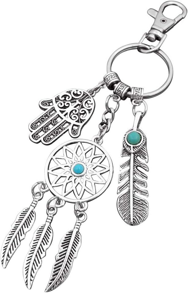 ZUNON Dreamcatcher Keychain Silver Toned Key Chain Featuring Blue Turquoise Gemstone and Hamsa Hand Charm Keyring